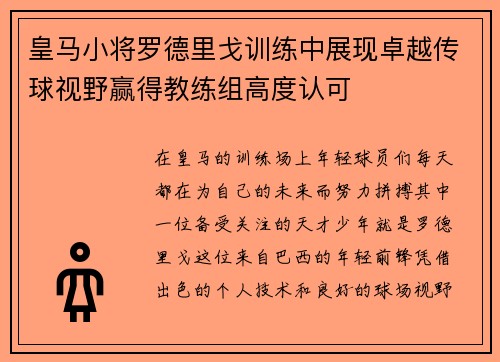 皇马小将罗德里戈训练中展现卓越传球视野赢得教练组高度认可